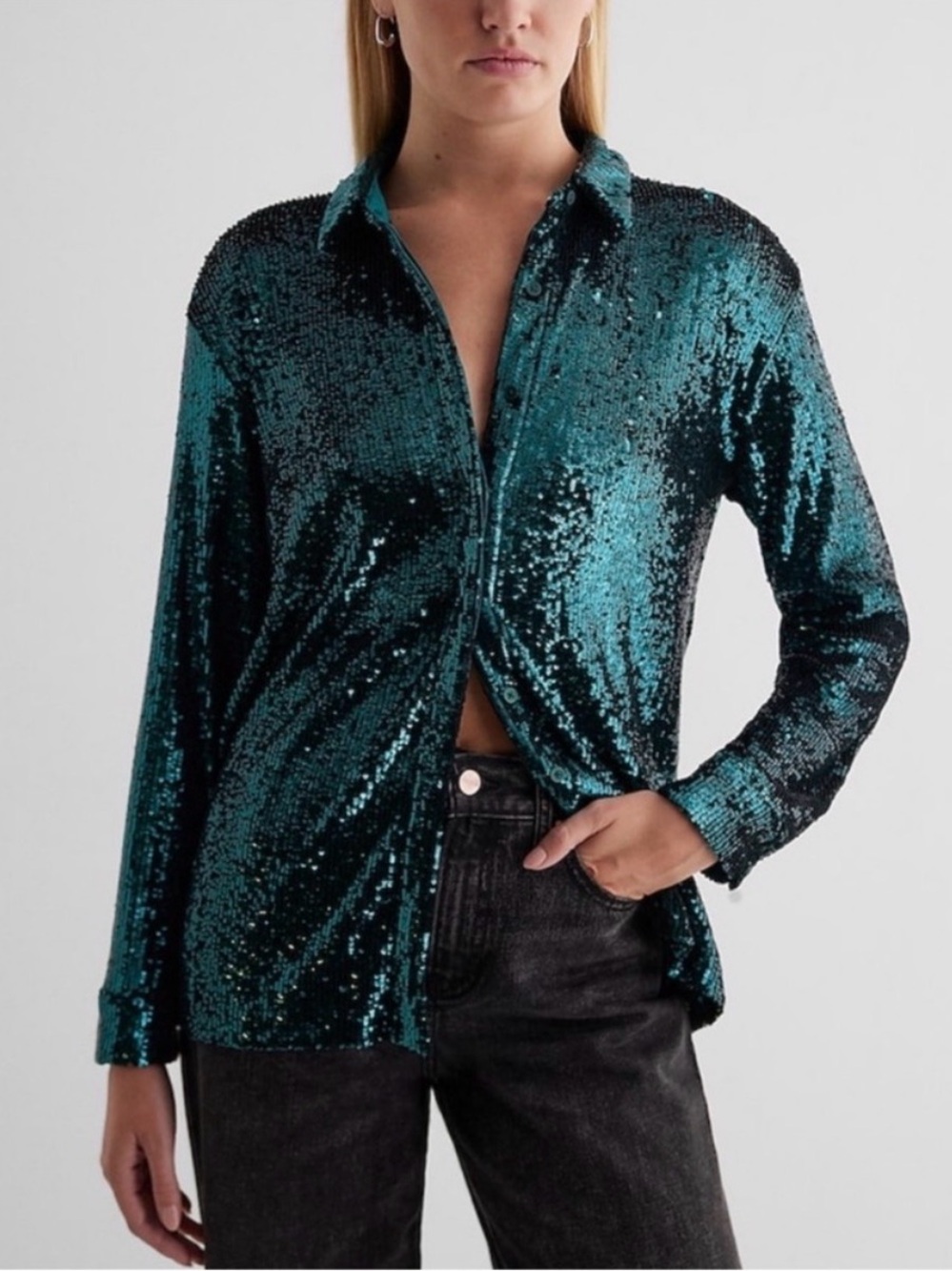Express Teal Sequin Button-Down Shirt - Women Portofino Shirt